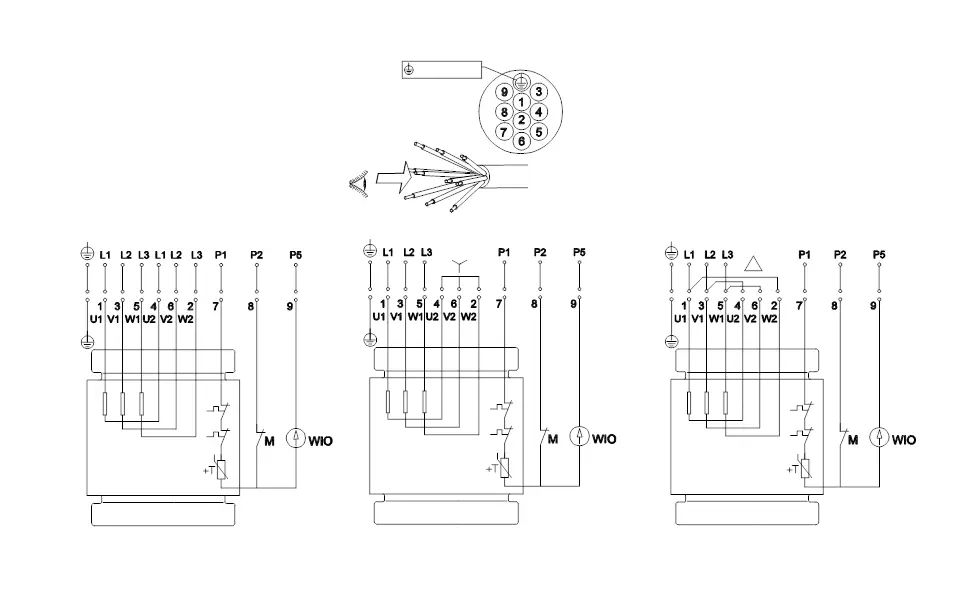 Schaltungsdiagramm einer Tauchmotorpumpe von Grundfos mit elektrischen Verbindungen und Anschlüssen, dargestellt in einem typischen technischen Format.
